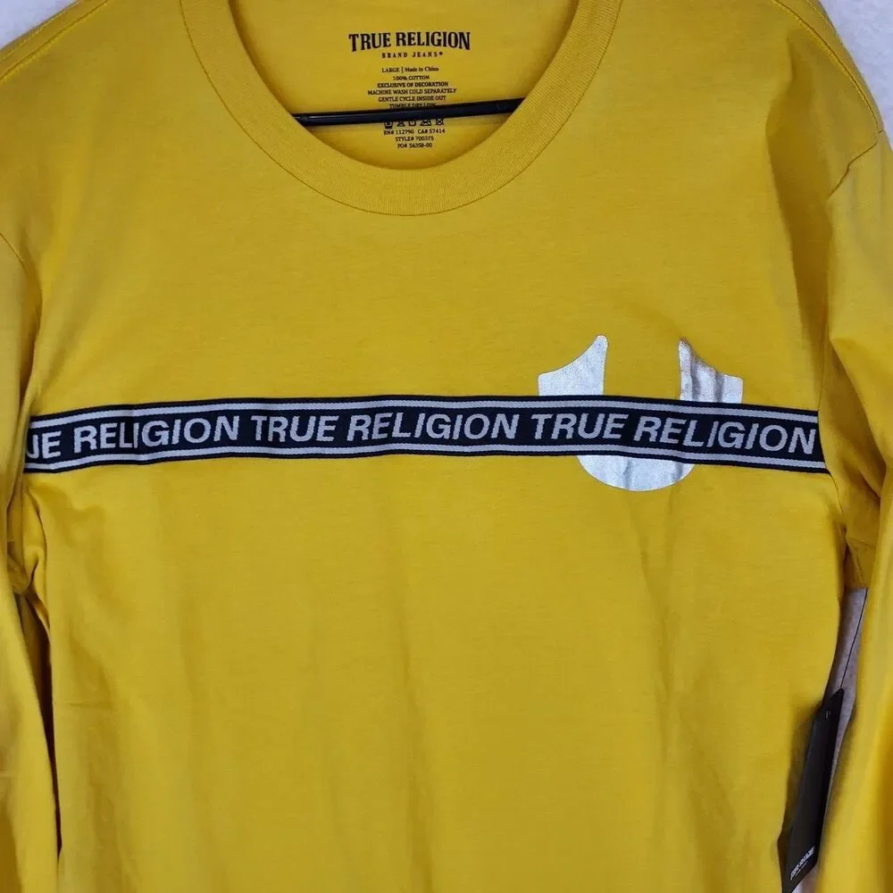 True Religion Mens Mineral Yellow Foil Taping LS Tee Sz L Cotton 700375